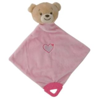 Pink bear baby comforter with soft plush fabric and teether – part of EcoToys recycled range