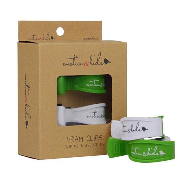 Green and white pram clip set